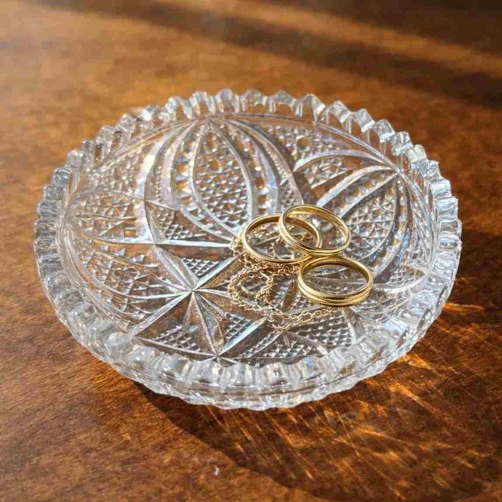 glass and crystal trays, easy to find addition to a thrift store decorated laundry room