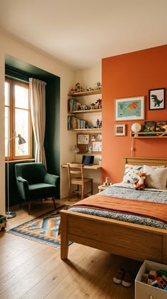 Bedroom with earthy and desert inspired color palette.