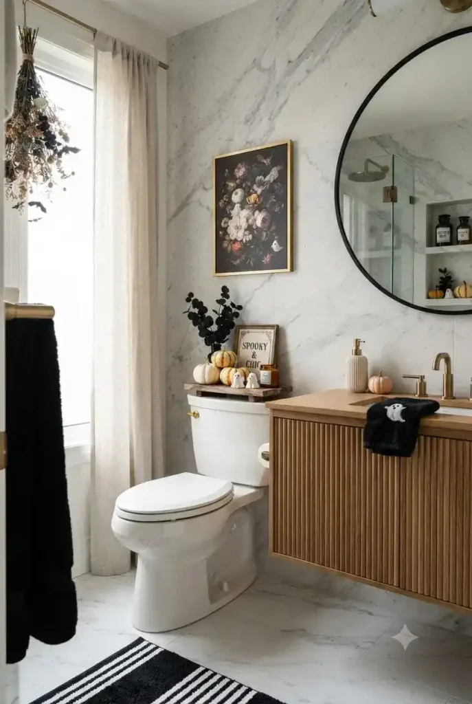 Bathroom Halloween decorating with themed hand towels and Halloween artwork.