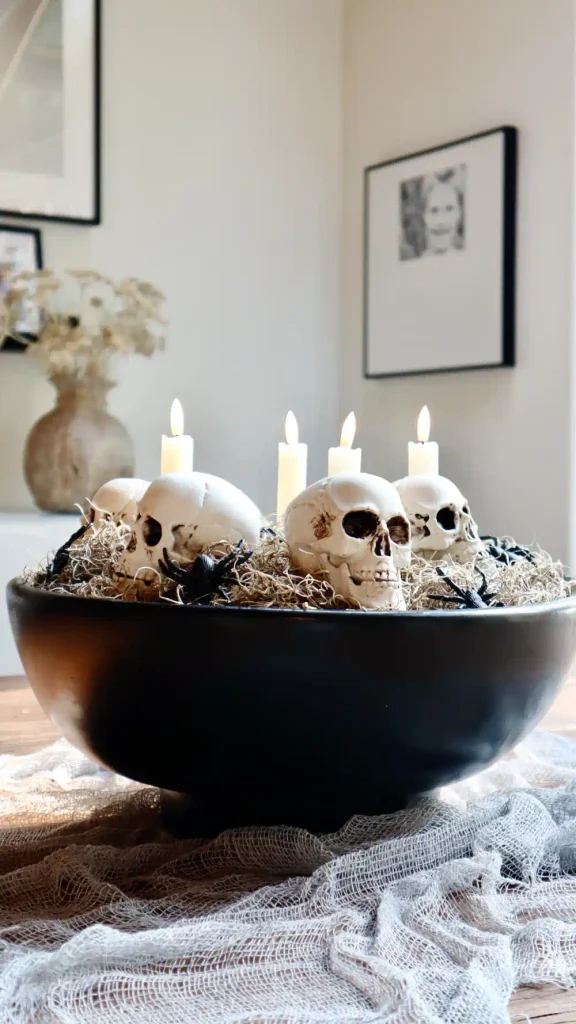 Table centerpiece of a bowl of skulls is the perfect small apartment Halloween decor.