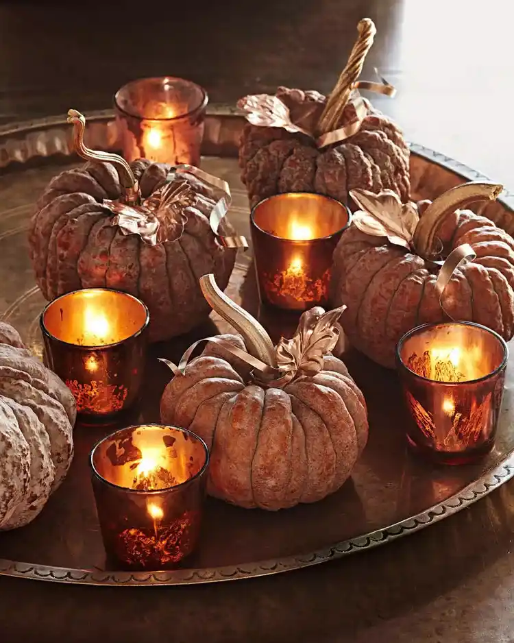 Halloween decorations in a small apartment anchored on a tray.
