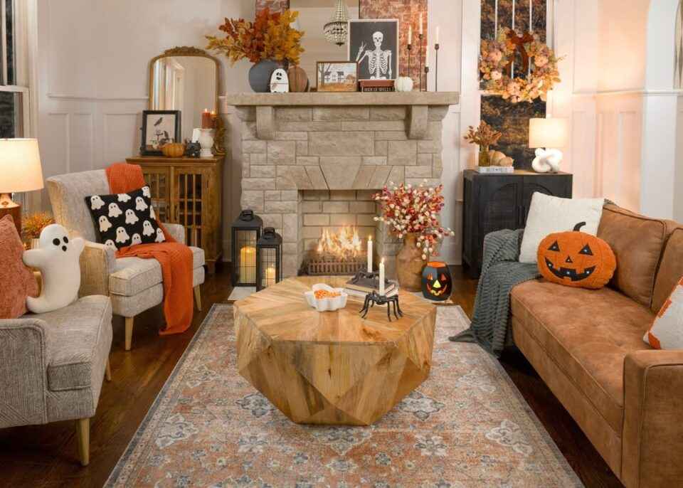 Small apartment living room decorating ideas that center around creating a simple Halloween statement.