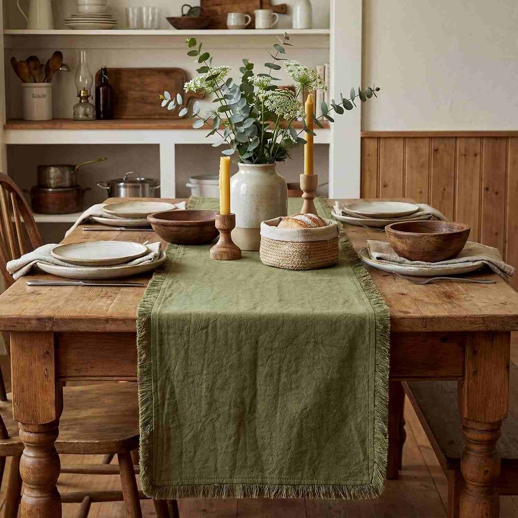 Wooden dining table with an olive fall table runner and simple seasonal decor