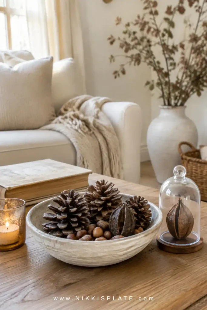 bowl of pinecones and seed pods